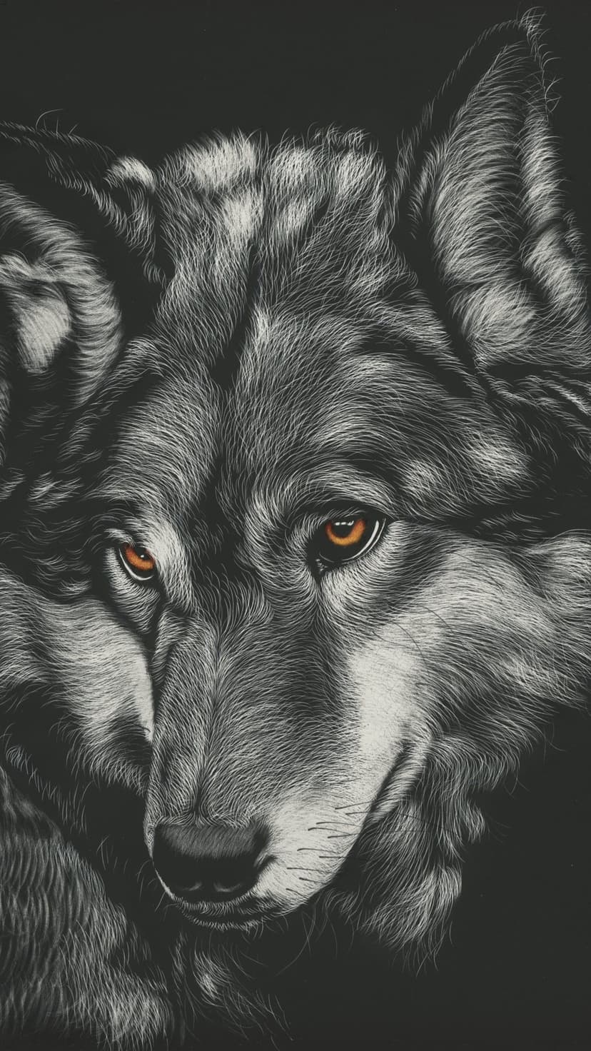 Gray wolf with glowing amber eyes stares forward featuring fine fur texture against a dark, shadowed background.