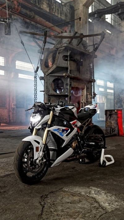 BMW S1000R Motorcycle in Industrial Warehouse Setting