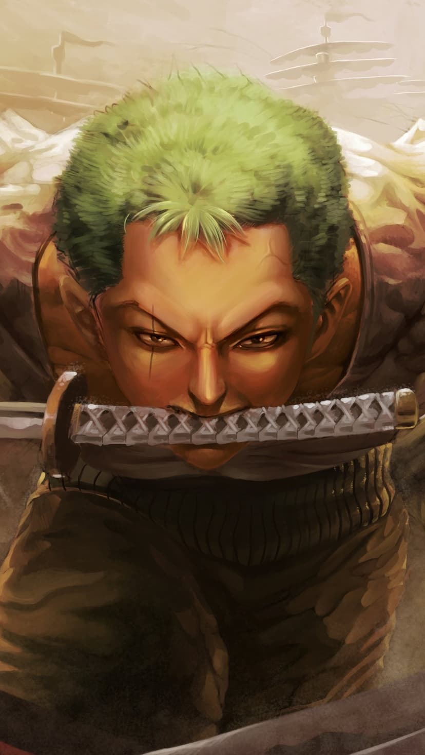 Roronoa Zoro with green hair holds a katana hilt in his mouth while staring forward with intense scarred eyes.