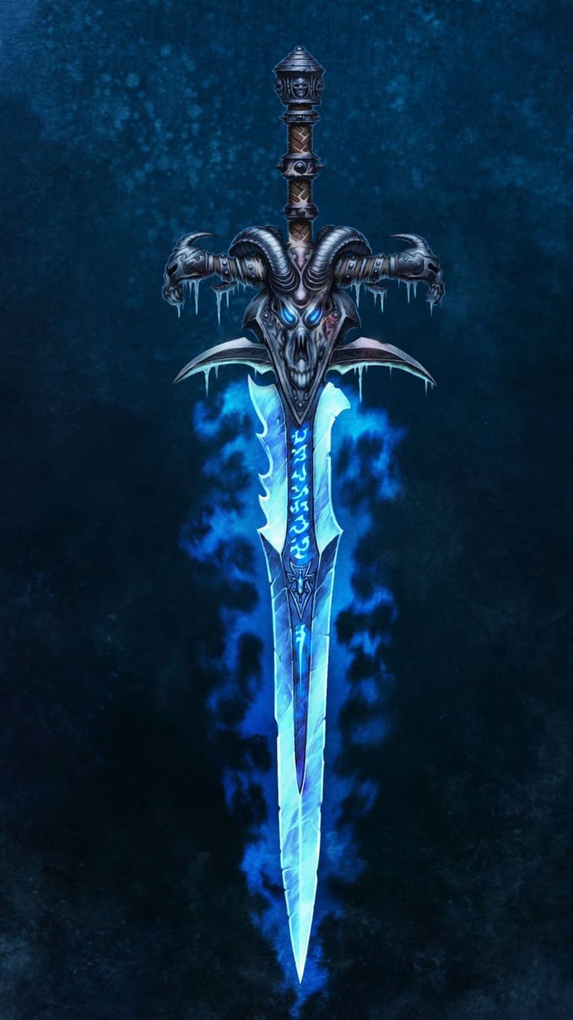 Glowing runeblade with a horned skull hilt emits blue light and frost mist against a dark textured background.