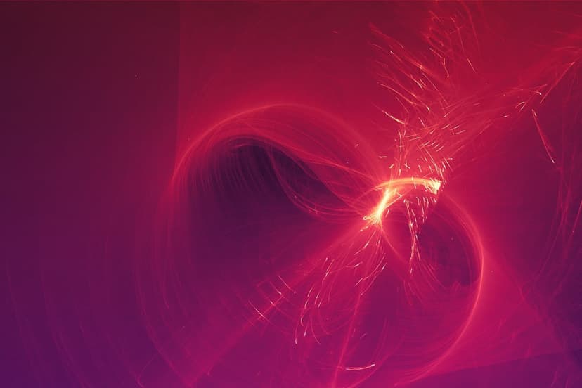 Vibrant red and purple luminous energy swirls twist in a fluid motion against a dark, shadowy background.