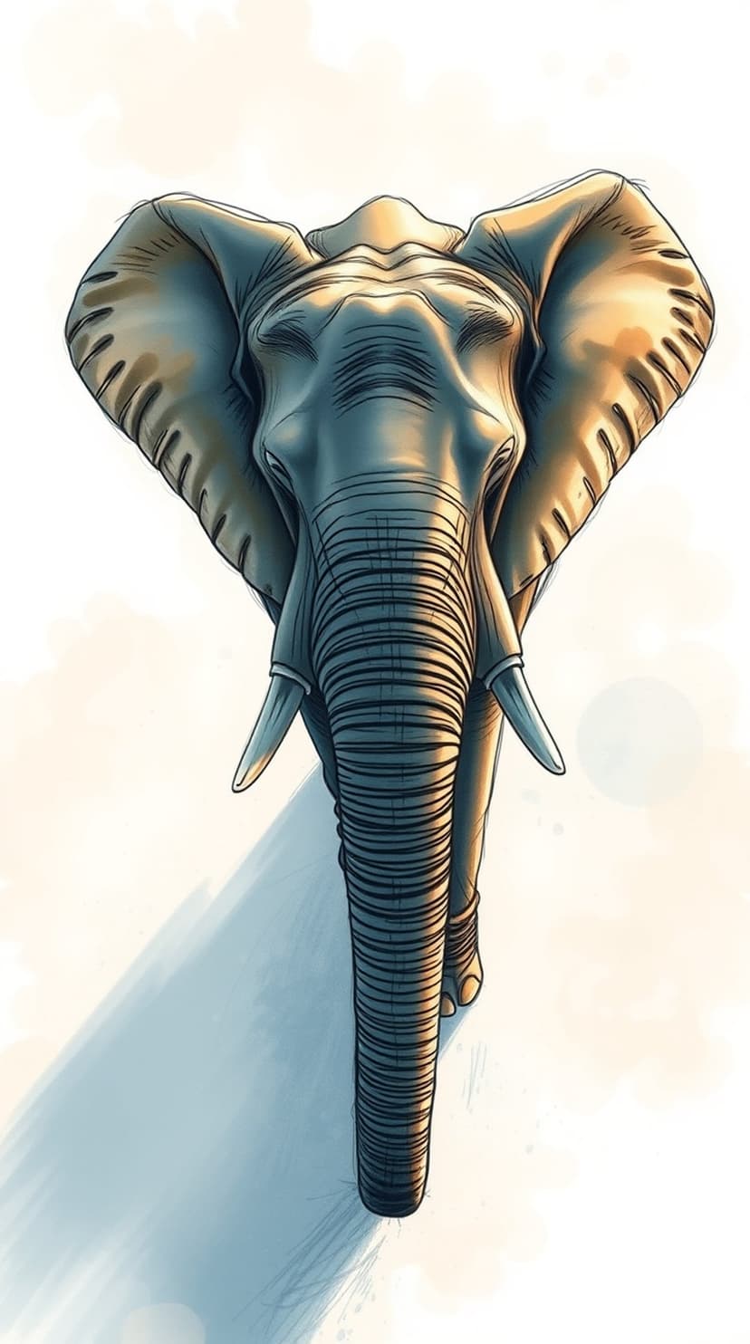 Elephant face with large tusks and wrinkled skin texture highlighted by dramatic shadows and soft backlighting.
