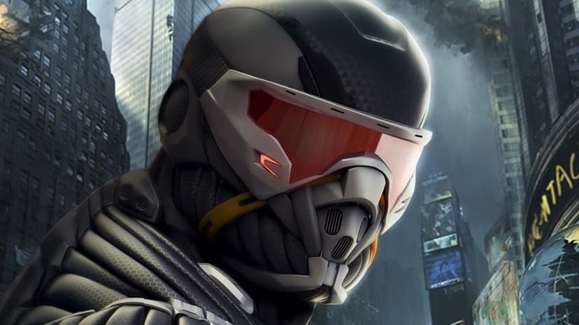 Futuristic soldier in a black nano-suit with a glowing red visor against a destroyed urban city background.