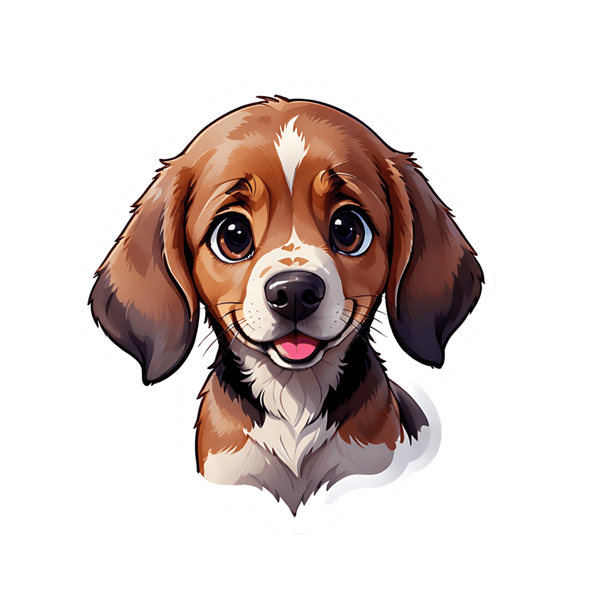 Beagle puppy sticker illustration displays a front-facing dog with brown ears, pink tongue, and white border.