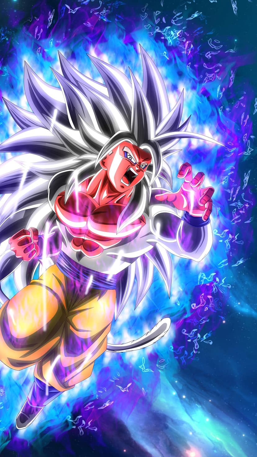 Goku with silver hair and glowing eyes stands amidst a swirling blue and white aura against a dark background.