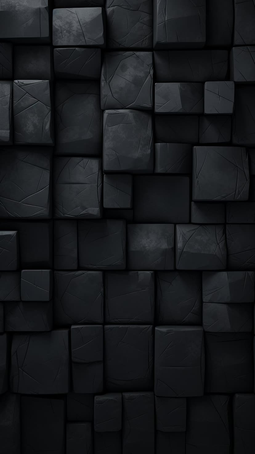 Charcoal-colored stone cubes with uneven textures and subtle highlights forming a 3D geometric mosaic pattern.