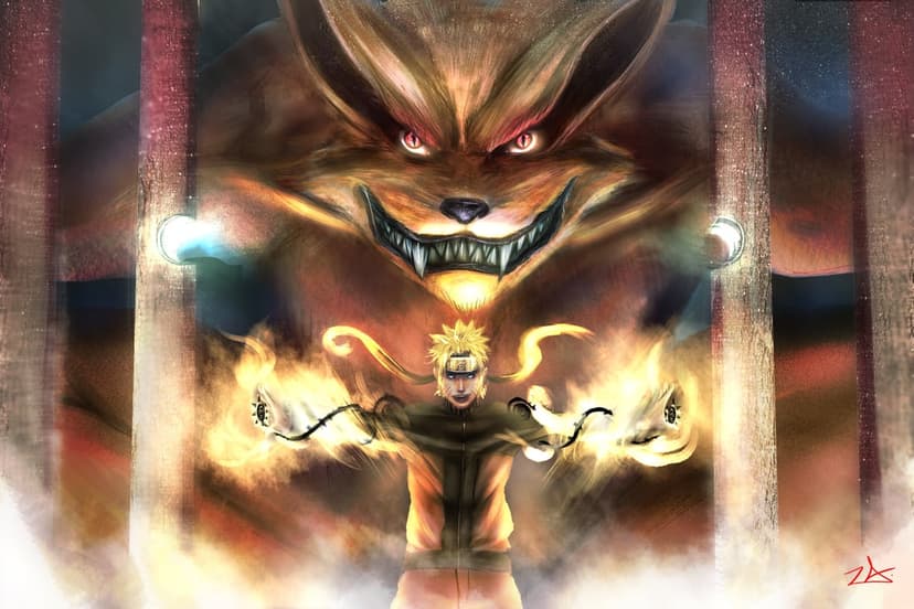 Naruto Uzumaki stands in a glowing orange energy cloak with a massive fox head silhouette behind him.