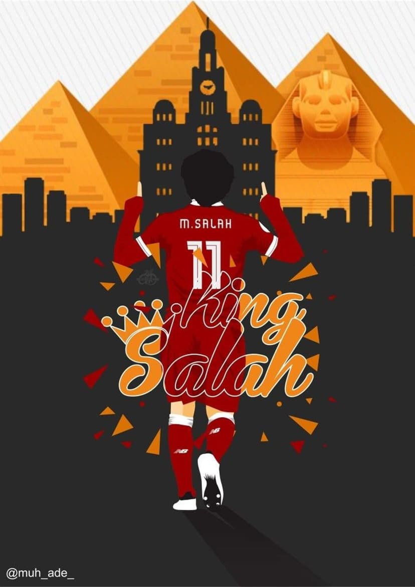 Mohamed Salah in a red jersey faces the Giza pyramids and Sphinx beneath a crowned King Salah text overlay.