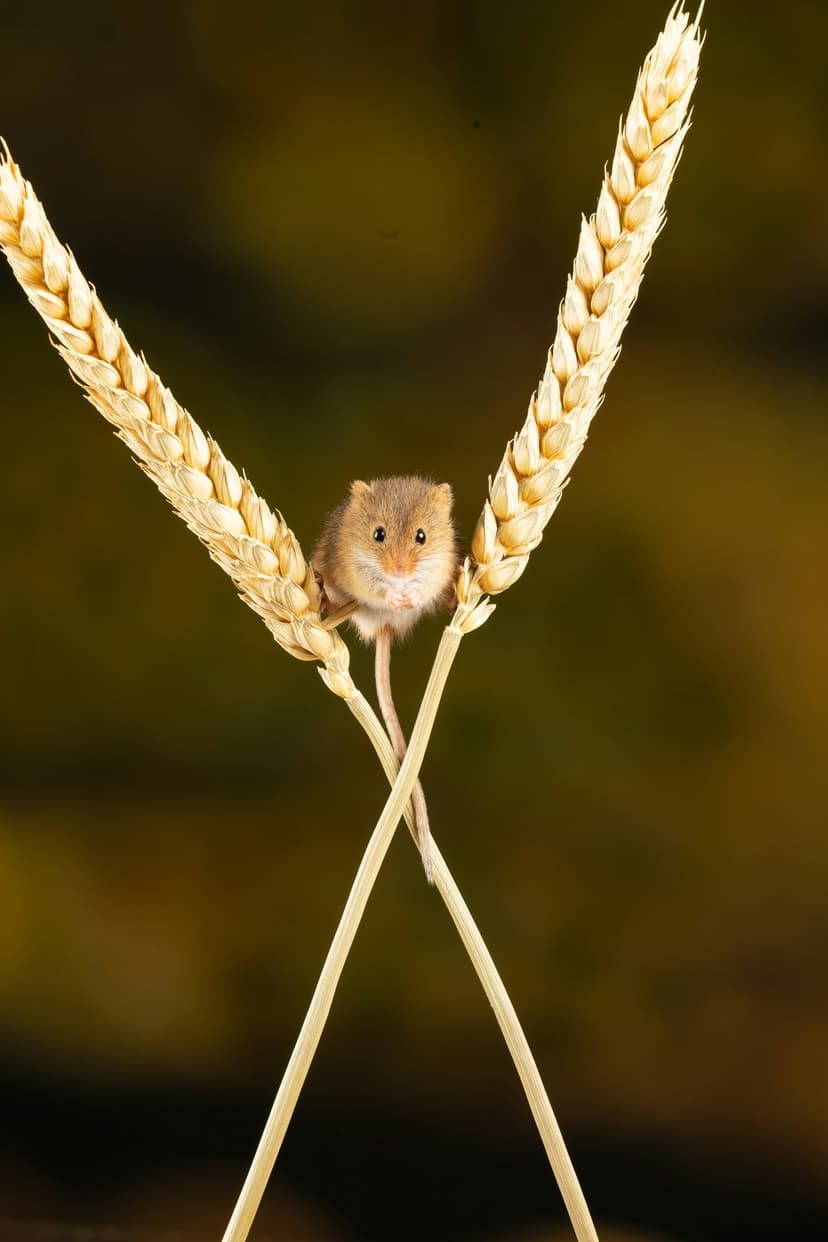 Tiny harvest mouse perches on crossed golden wheat stalks against a soft bokeh background of earth tones.