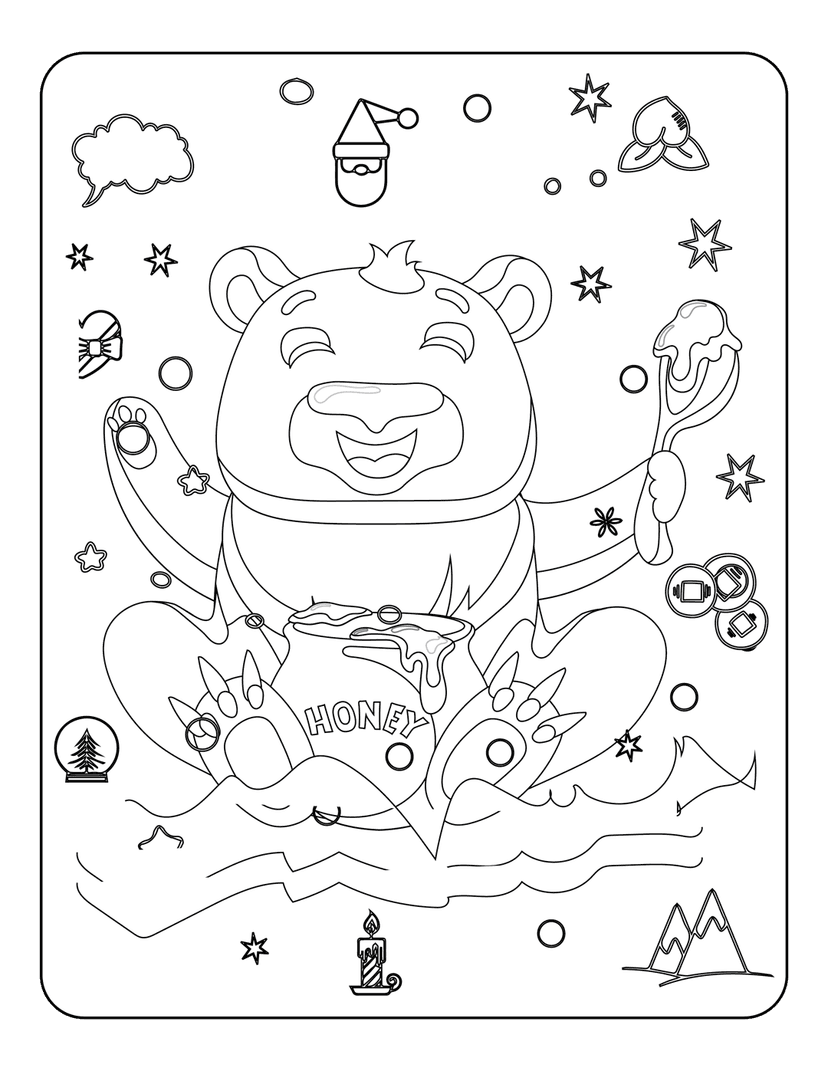 Bear honey pot coloring page features a seated animal holding a jar surrounded by stars and a snow globe.