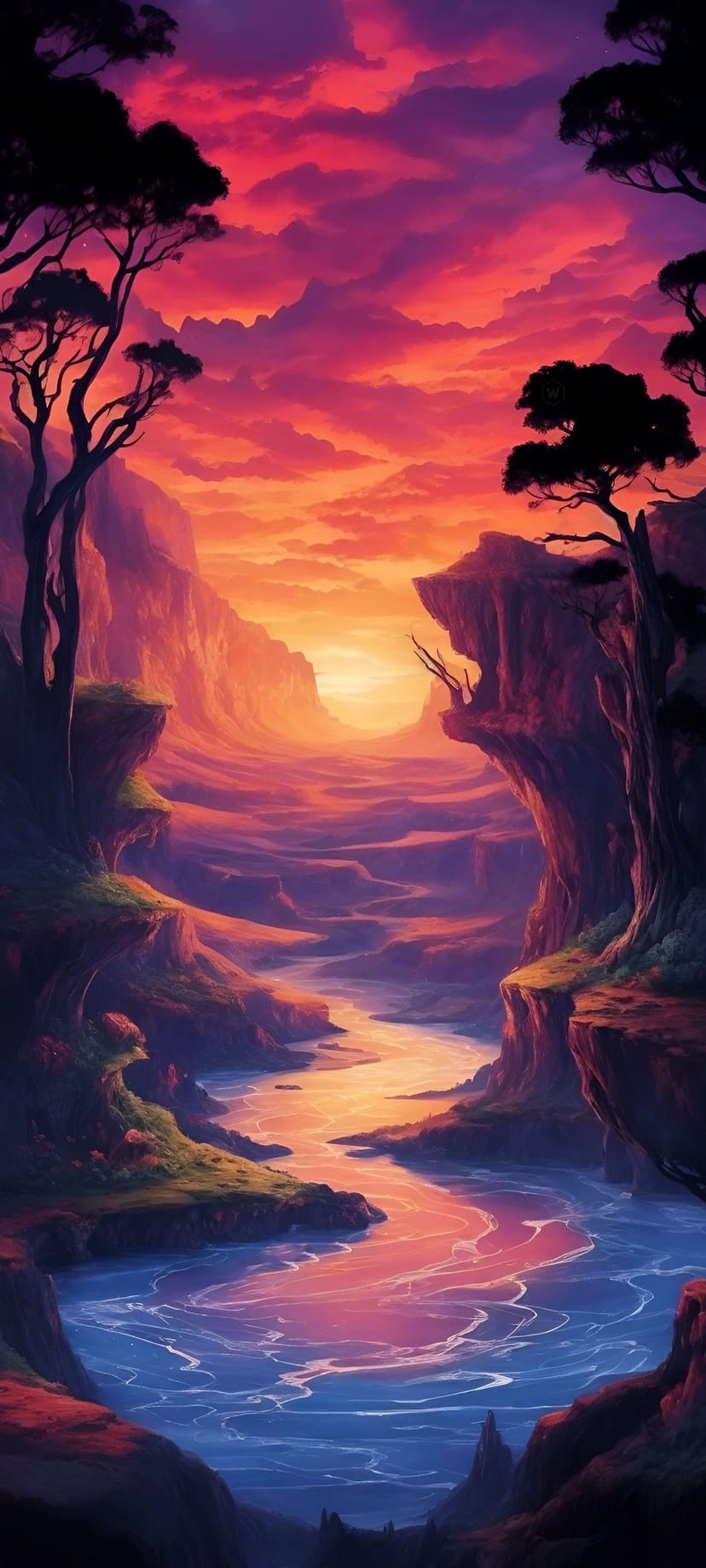 Jagged canyon cliffs and a winding river reflect vibrant orange and pink clouds during a dramatic sunset.