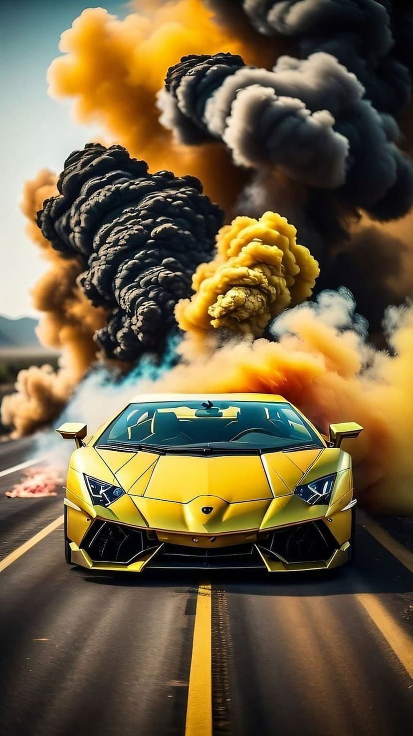 Yellow Lamborghini accelerates through dense plumes of golden and black smoke on an open highway road.