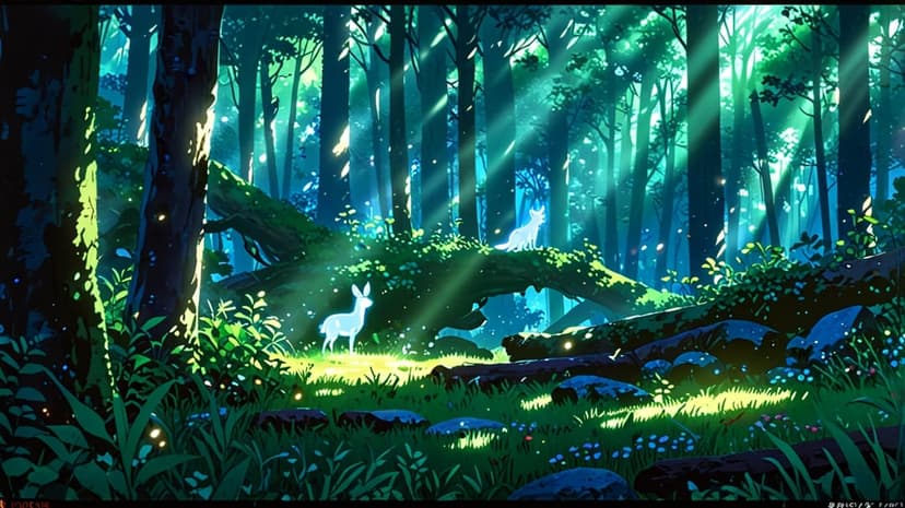Two white deer stand on mossy logs as golden sunbeams filter through tall green trees in a magical forest.