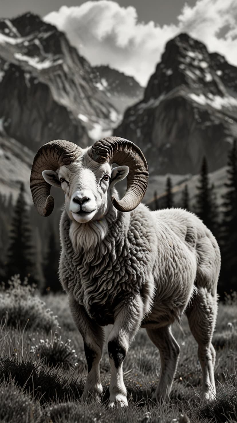Bighorn ram with large curved horns stands in a grassy meadow with snow-capped mountain peaks in the background.