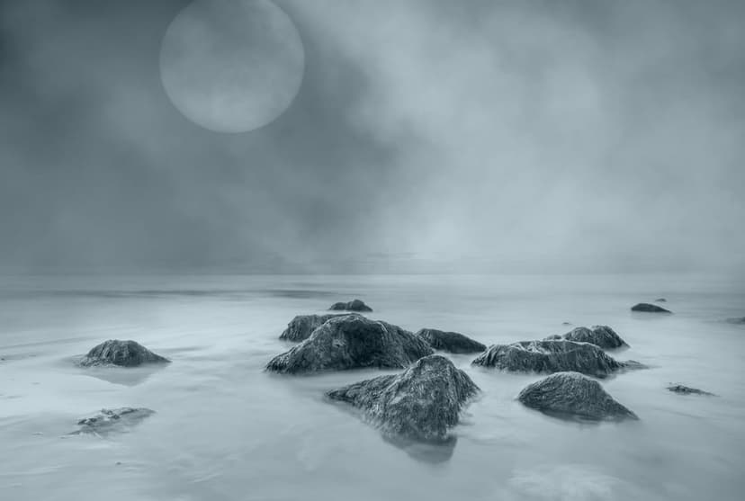 Large hazy moon glows above sharp ocean rocks and smooth water in a vertical black and white coastal scene.
