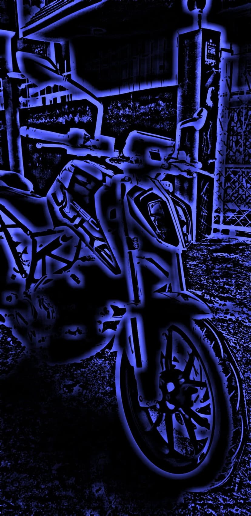 Blue neon glowing motorcycle outline parked on a dark outdoor surface with subtle urban foliage in the shadows.