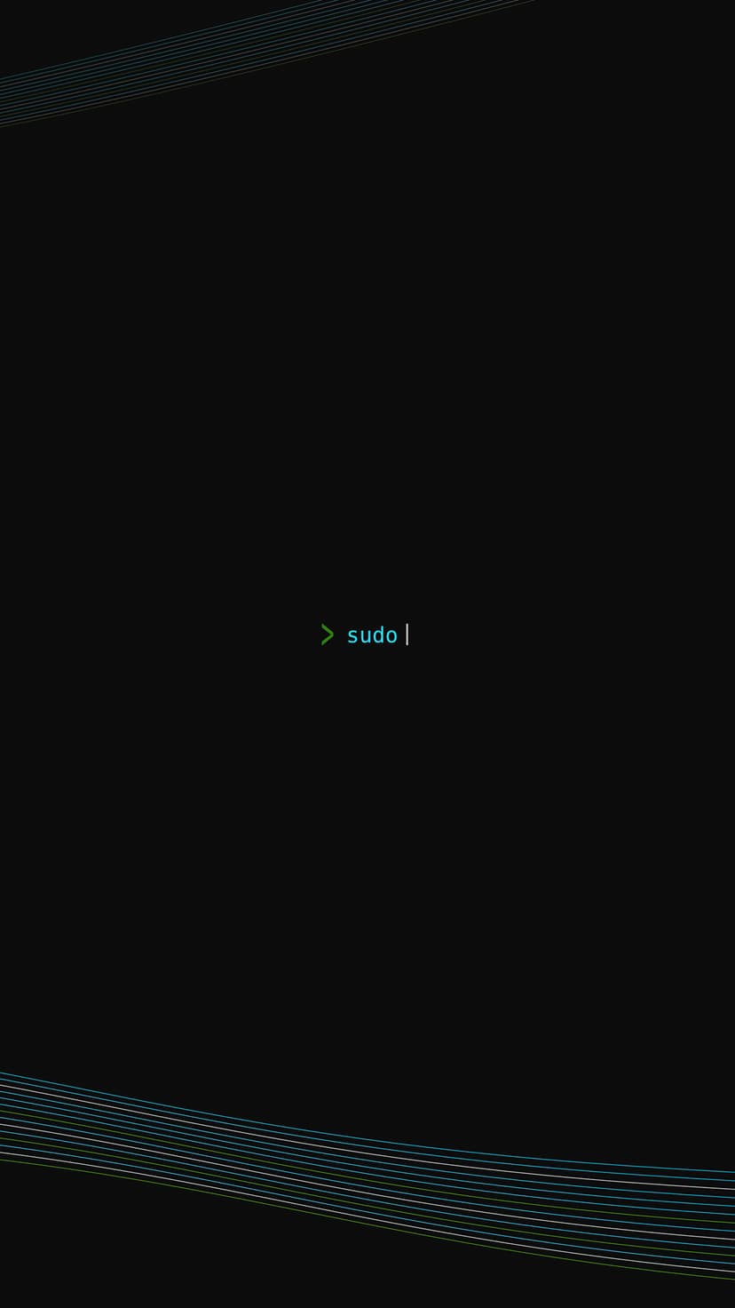 Cyan sudo command prompt text glows against a black backdrop with wispy blue, green, and yellow abstract lines.