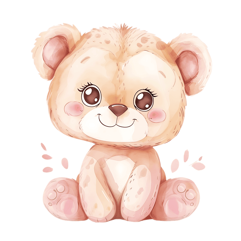 Teddy bear watercolor illustration featuring soft brown fur and hand-painted textures on a clear background.