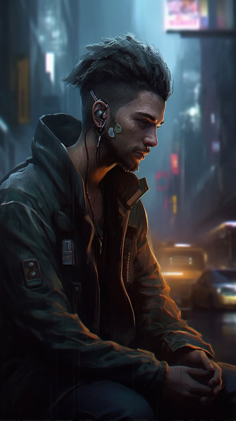 Man with dreadlocks wearing tech earbuds sits on a rainy city street illuminated by vibrant blue and pink neon light.