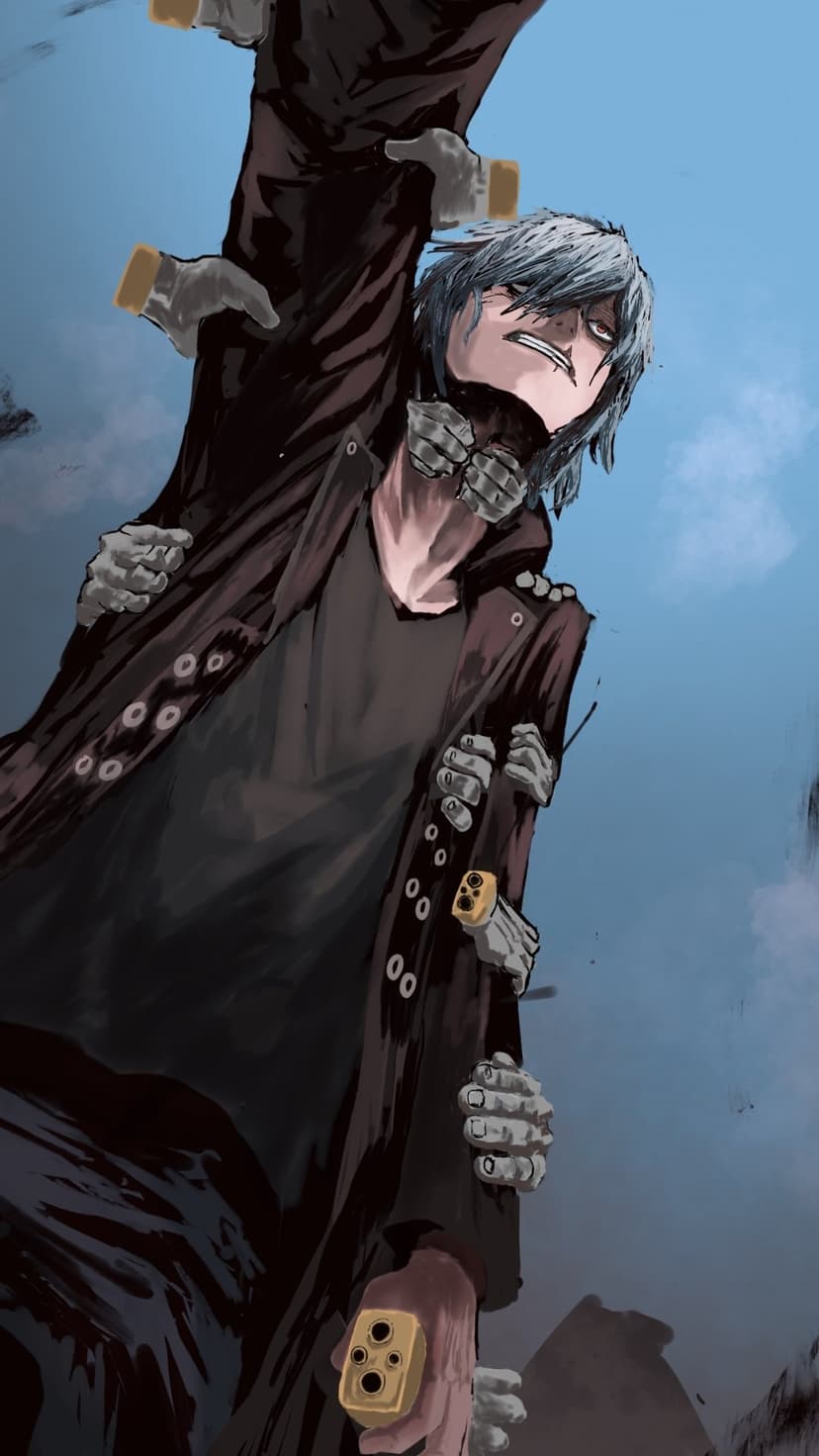 Tomura Shigaraki with blue hair and red eyes stands as disembodied hands reach across his dark coat and face.