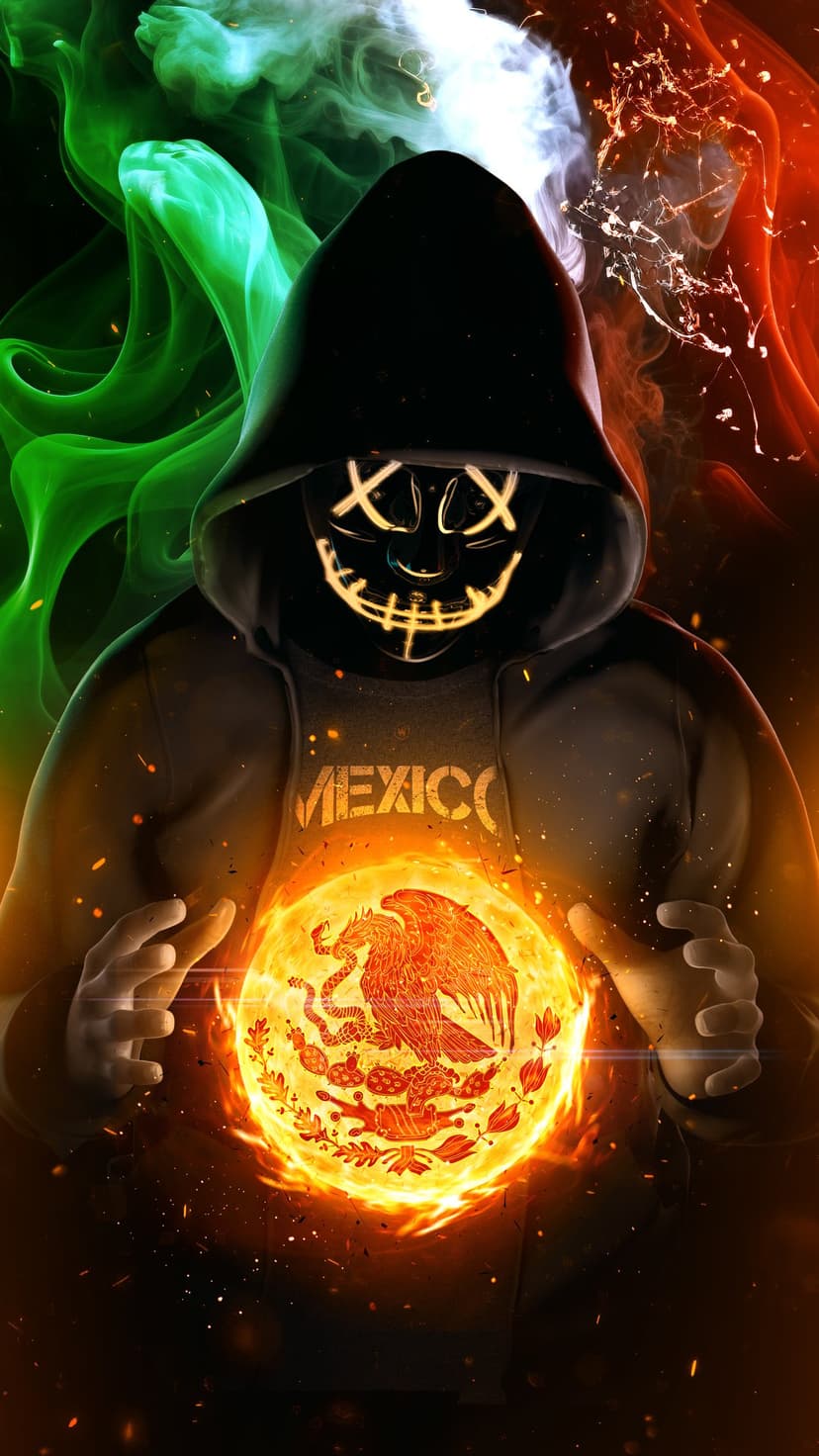 Hooded figure in a stitched mask holding a fiery emblem orb surrounded by green, white, and red swirling smoke.