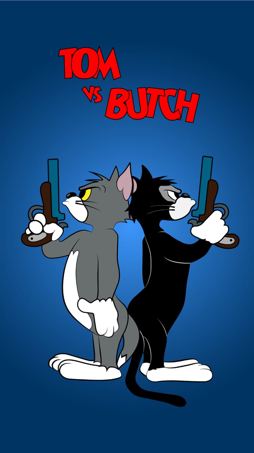Tom and Butch cats stand back-to-back with toy guns against a blue backdrop with red text saying Tom vs Butch.