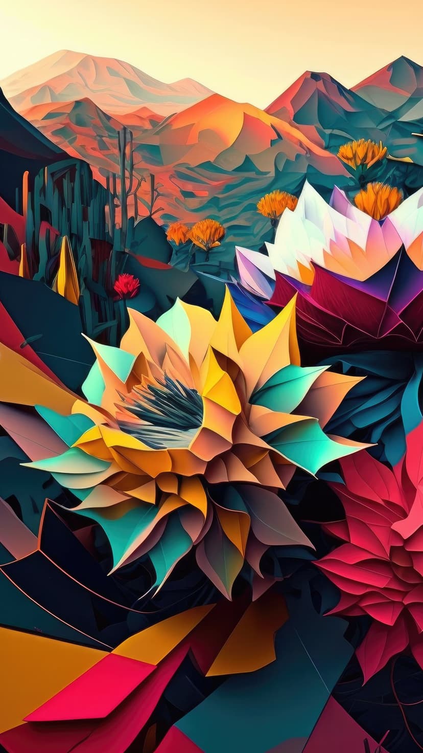 Faceted magenta flowers bloom in a geometric desert landscape with sharp-angled mountains under a teal sky.