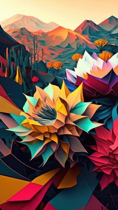 Vibrant Abstract Desert Landscape with Geometric Flowers