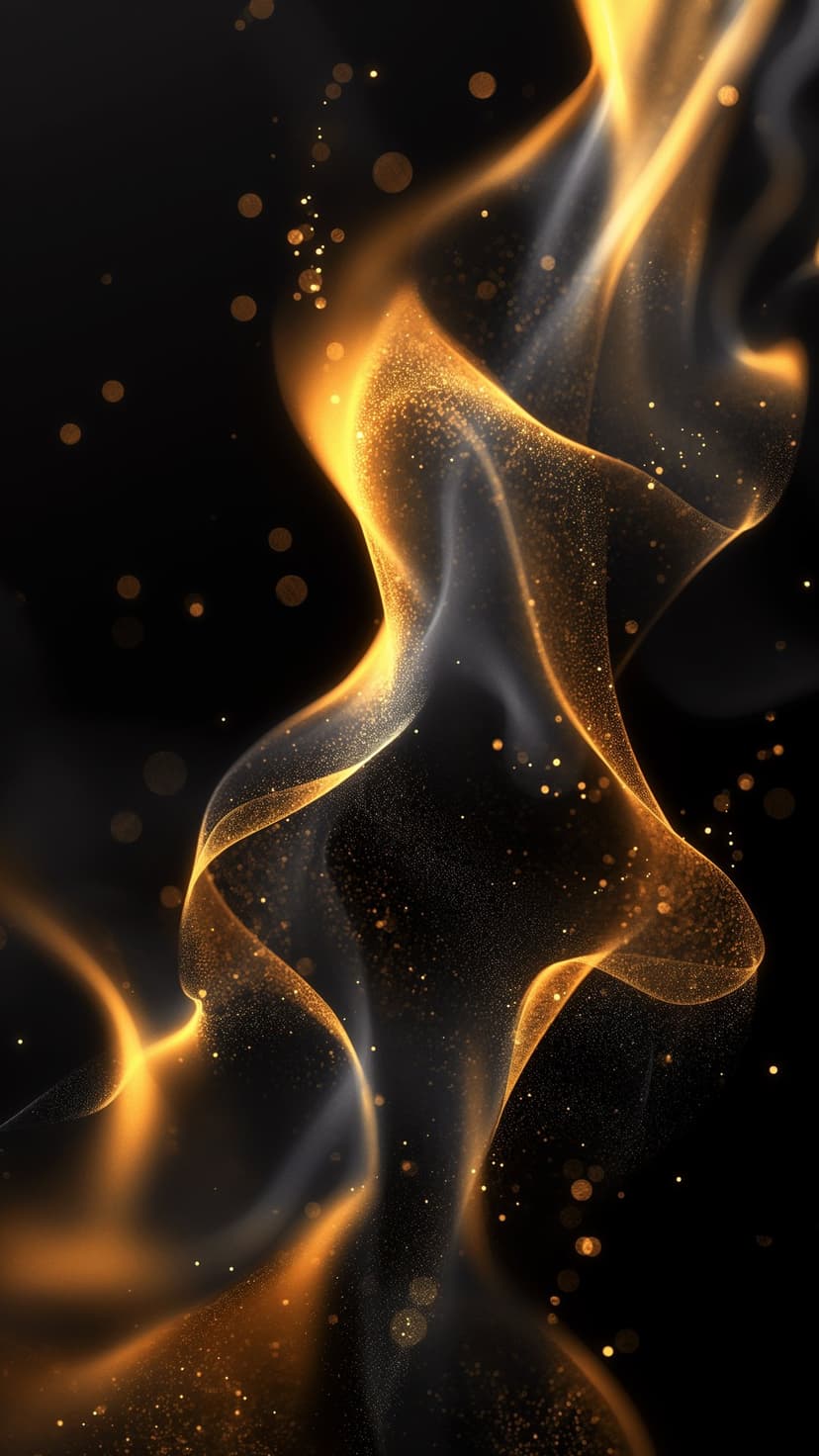 Golden swirling smoke and amber glitter particles drift across a dark black background with soft bokeh.