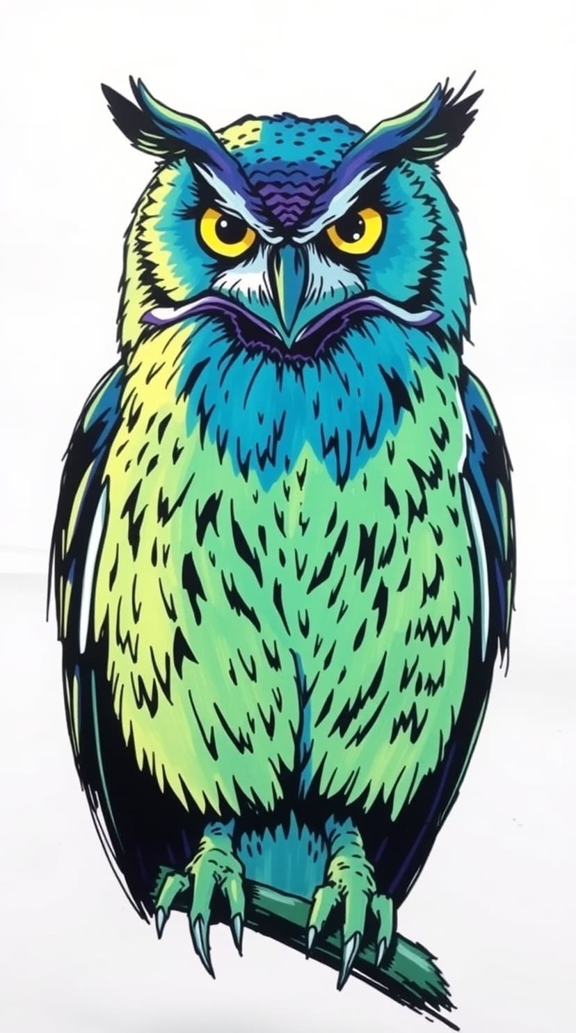 Owl with teal feathers and glowing yellow eyes grips a branch against a white background for a mobile screen.