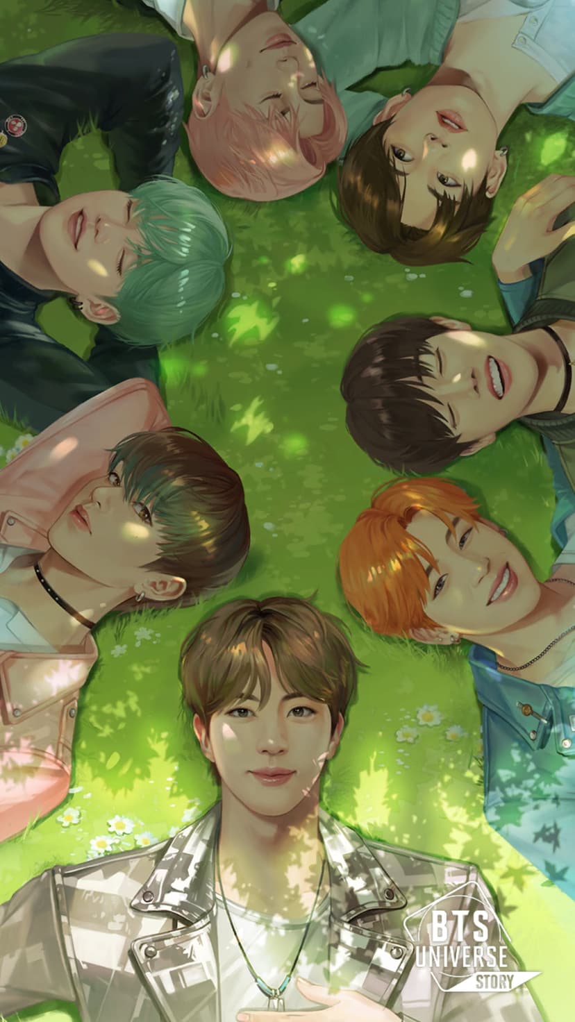 Seven men lie on their backs in a lush green field with dappled sunlight and soft shadows across their faces.