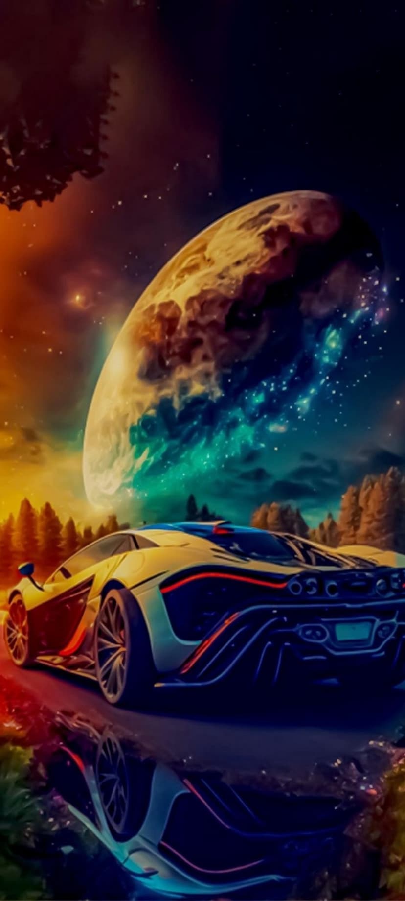Glowing sports car drives on a reflective alien road beneath a massive moon and colorful interstellar nebulae.