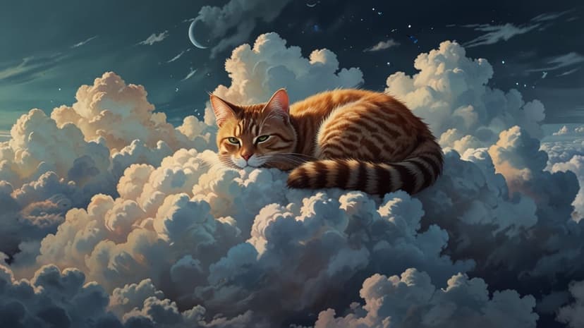 Ginger tabby cat sleeping soundly on soft white clouds against a dark blue night sky with a thin crescent moon.
