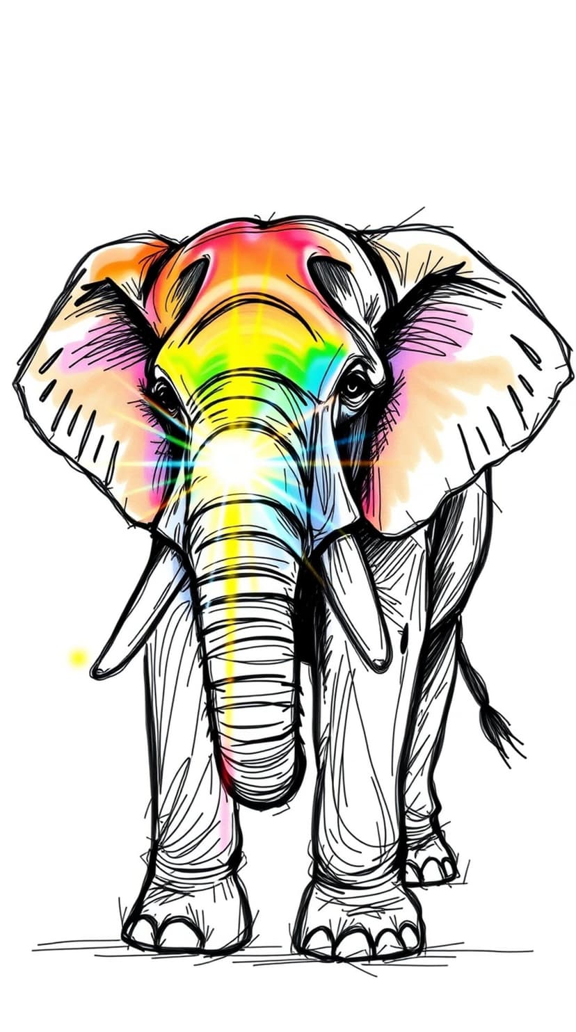 Elephant head with multicolored rainbow paint splatters and luminous white highlights on a dark background.