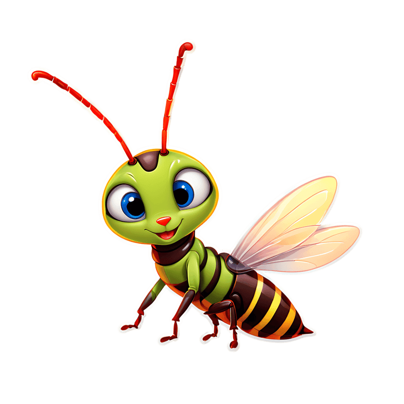 Glossy striped bee sticker featuring a 3D cartoon insect with large blue eyes, red antennae, and white border.