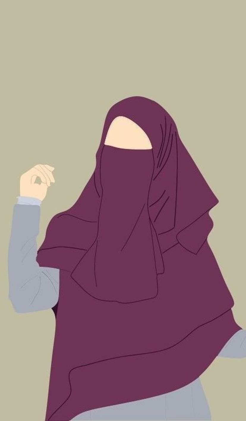 Woman wearing a dark purple niqab and light grey long-sleeved garment against a muted, solid background.