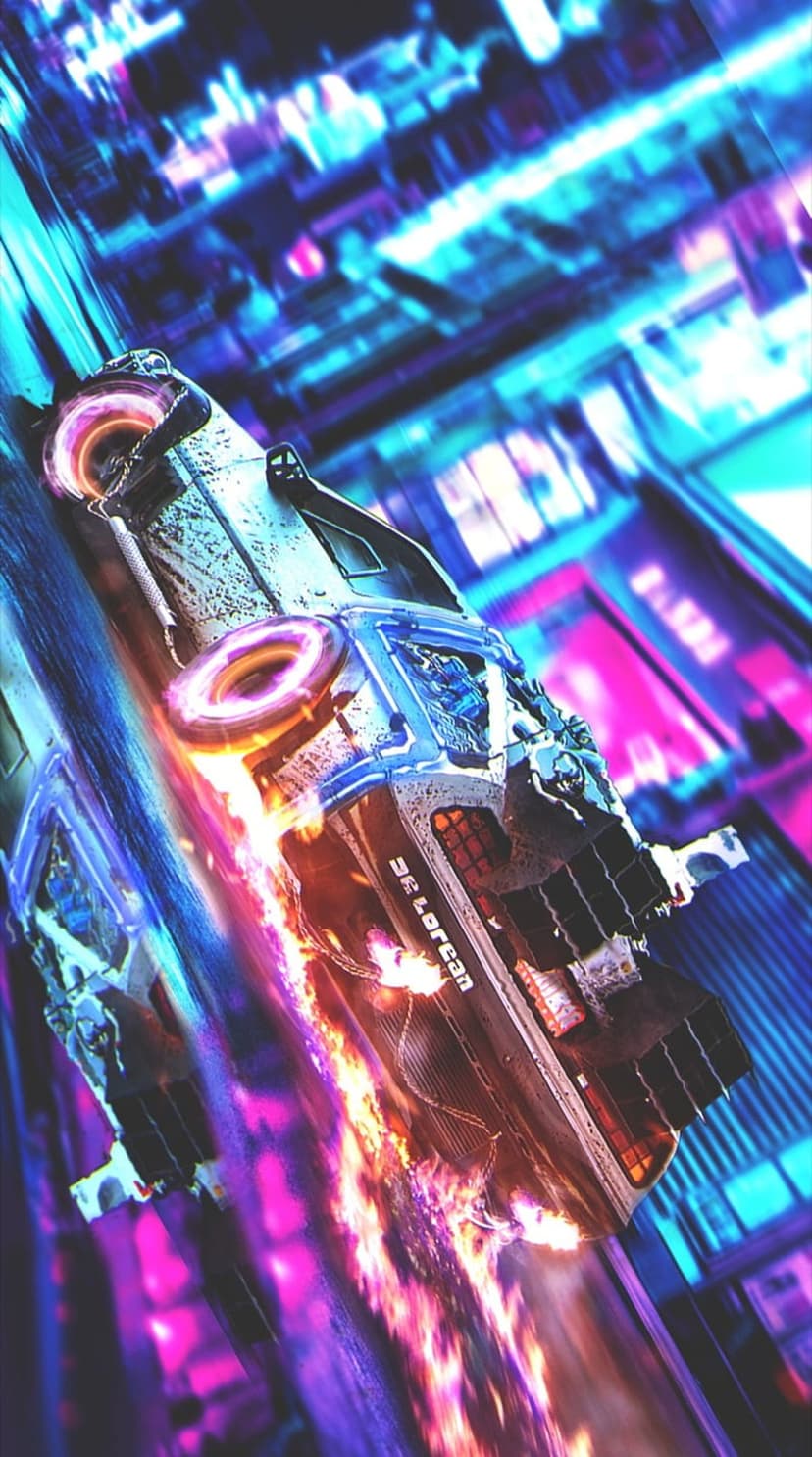 Flaming silver sports car speeding through a dark city street lined with glowing purple and blue neon signs.