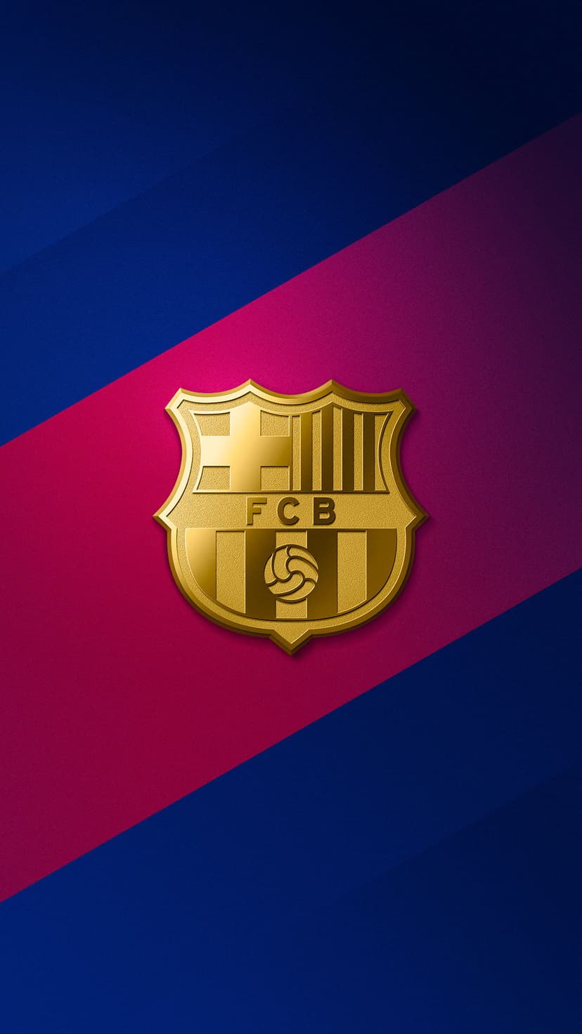 Gold FC Barcelona crest on a diagonal split background of navy blue and magenta for mobile screen display.