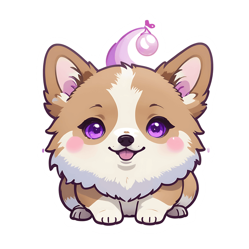 Corgi puppy chibi illustration features large purple eyes, fluffy brown fur, and a floating pink bubble.