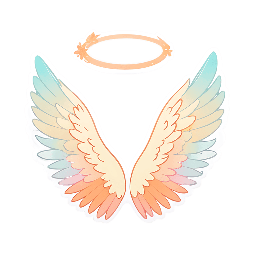 Angel wings with pastel gradients and a floral halo are displayed as a symmetrical sticker with white outlines.