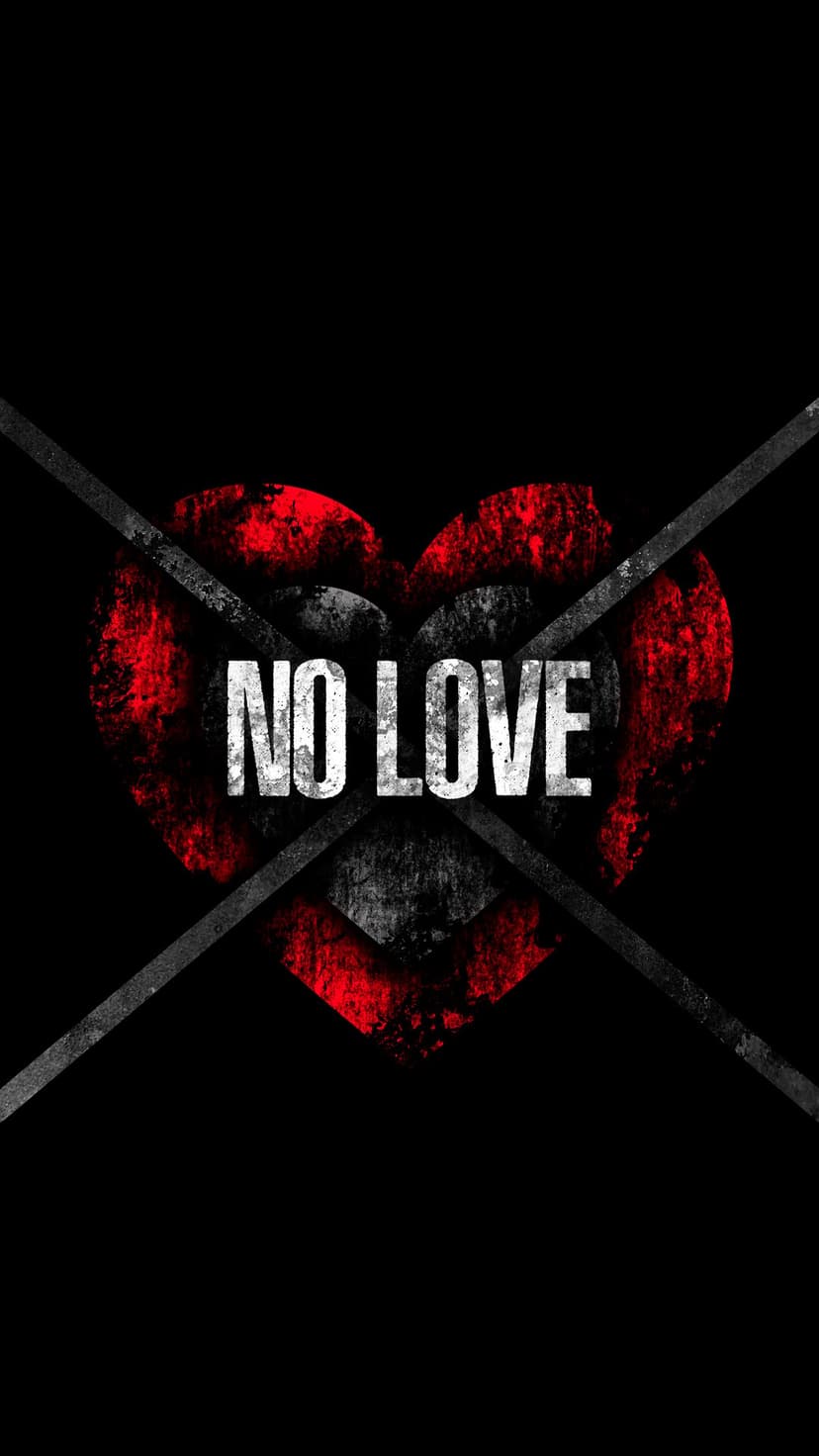Distressed red heart with bold white NO LOVE text and grey diagonal bars on a solid black background.