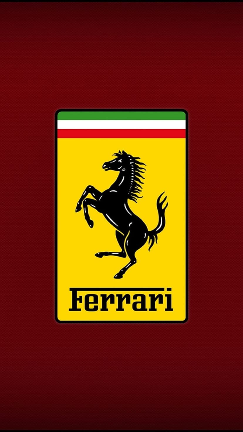 Black prancing horse on a yellow shield with Italian flag stripes centered on a solid vibrant red background.