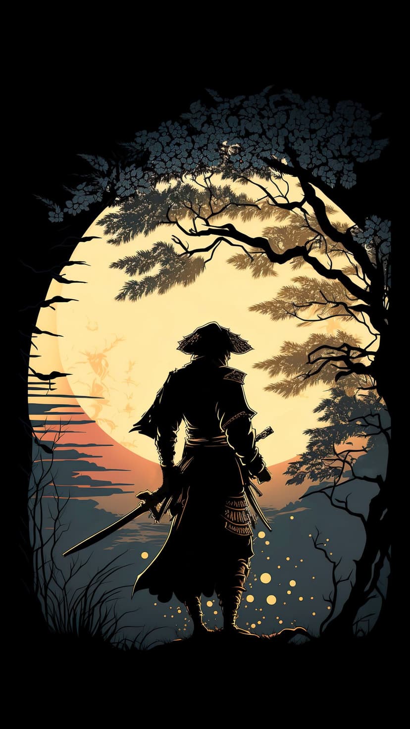 Samurai warrior standing in silhouette against a giant glowing full moon with dark tree branches and floating orbs.