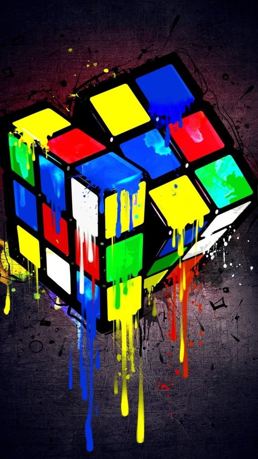 Rubik's cube melting into thick streaks of red, blue, and yellow paint against a dark textured background.