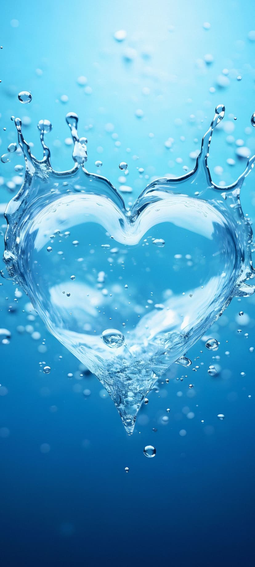 Heart-shaped water splash with crystalline droplets and rising air bubbles against a deep blue gradient background.