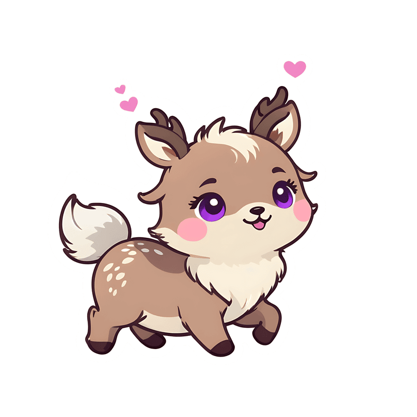 Beige baby deer sticker with fluffy fur, white spots, and purple eyes walking against a transparent backdrop.
