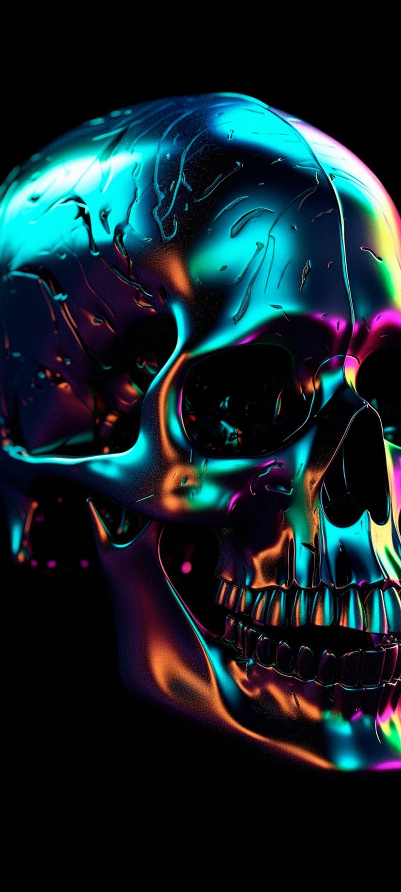 Chrome skull with reflective metallic surfaces glows under teal and pink neon lights against a black background.