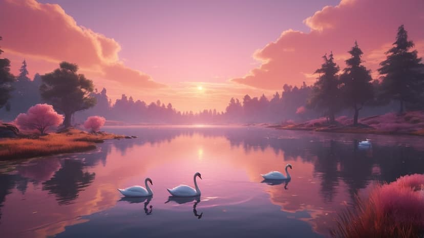 Three white swans swim on a calm pink lake under a glowing orange sunset sky with soft trees on the shore.