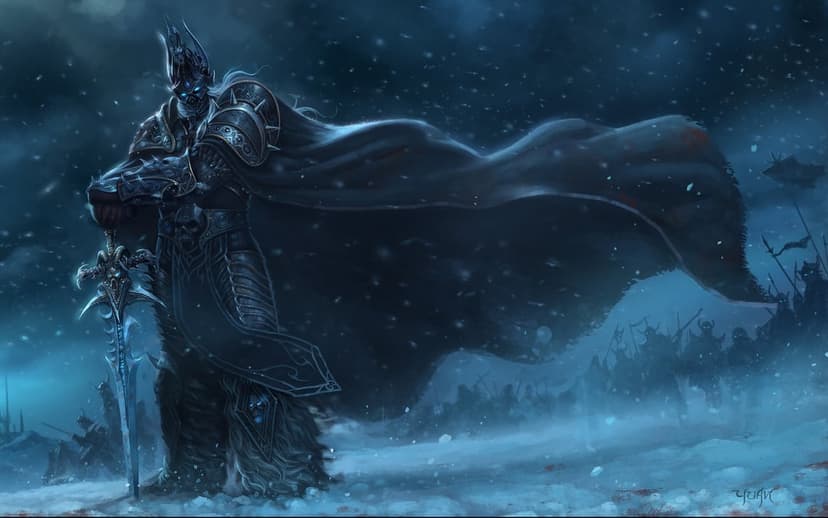 Arthas the Lich King in spiked armor leans on his glowing blue sword Frostmourne during a snowstorm.