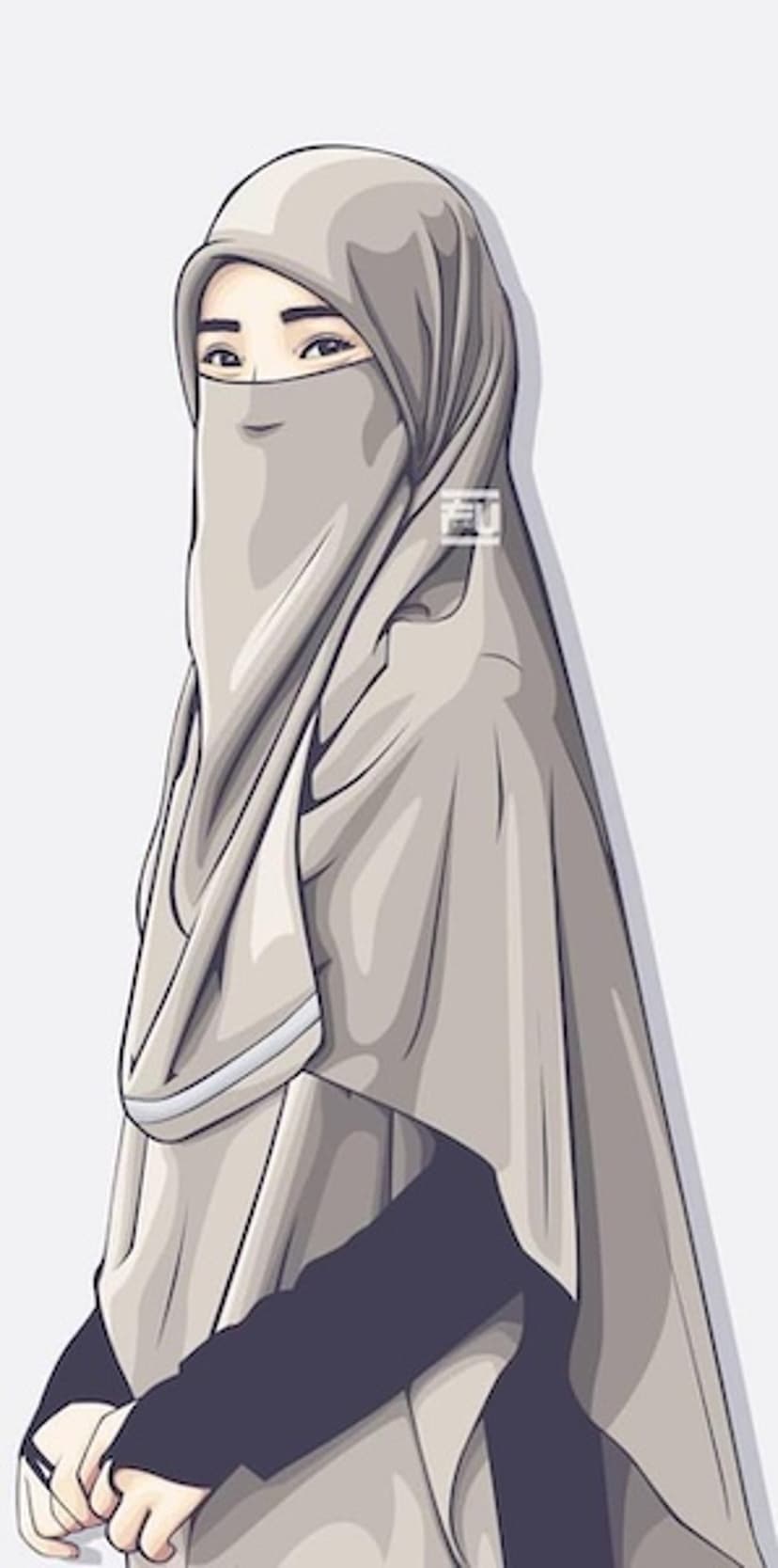 Muslim woman wearing a charcoal gray niqab and hijab with focused eyes in a clean anime-style portrait.